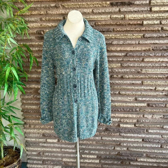 Sigrid Olsen Aqua Blue Marl Tunic Length Cardigan Sweater Size Small - Picture 7 of 8